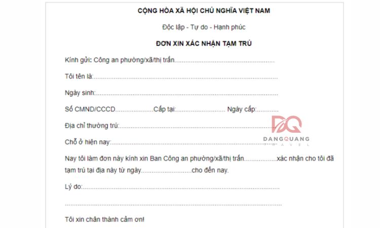 đơn xin xác nhận tạm trú cho người nước ngoài