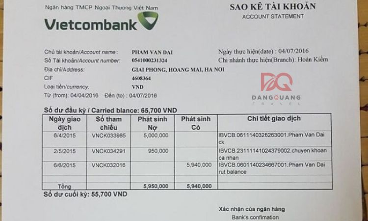 Mẫu sao kê tài khoản ngân hàng Vietcombank